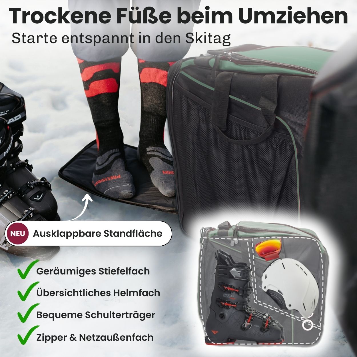 Otaro Skischuhtasche & Skitasche Classic-Set für 2 Paar – ausklappbare Standfläche