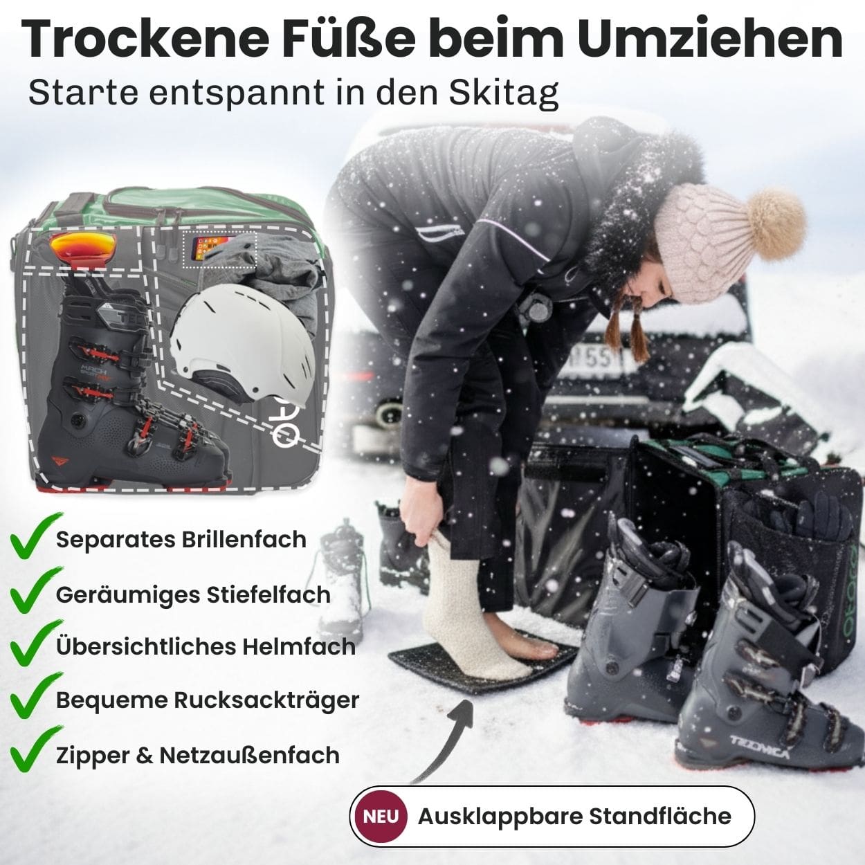 Otaro Skischuhtasche & Skitasche Pro-Set für 1 Paar Ski in Tannengrün – ausklappbare Standfläche