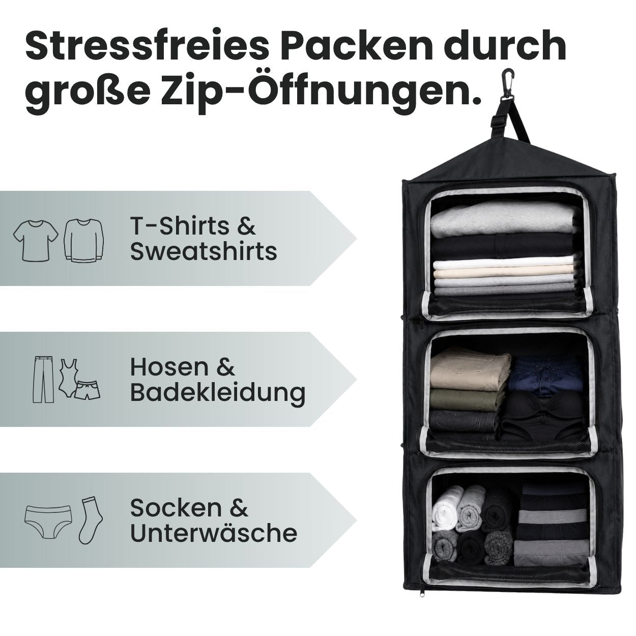 Hängender Reise-Organizer | 3-Ebenen mit Kompression